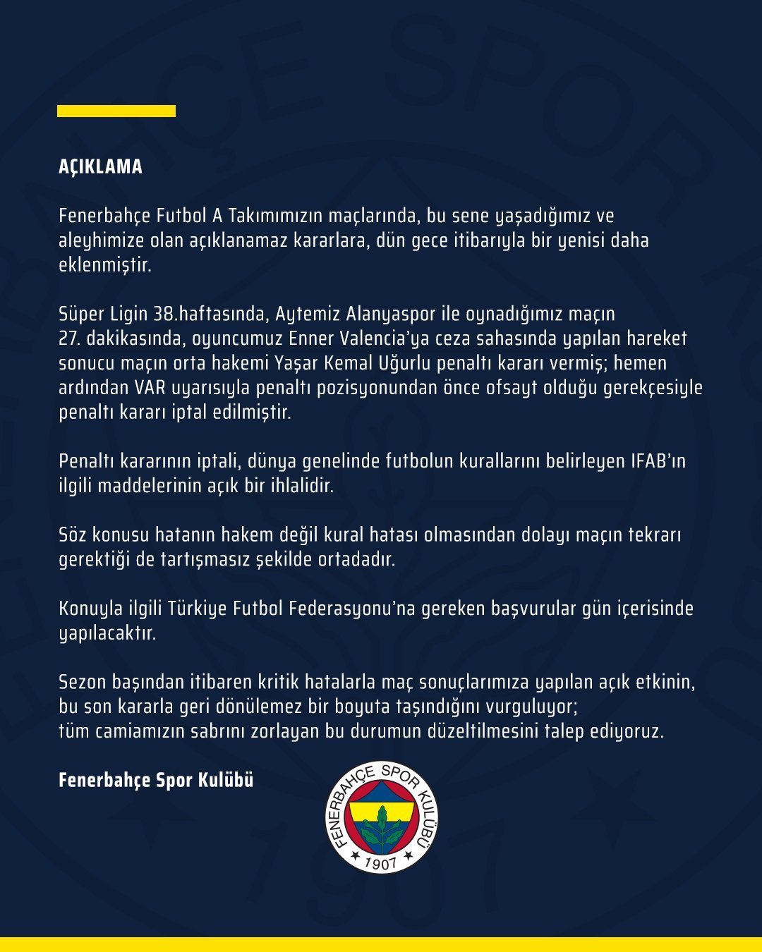 Son dakika | Fenerbahçe, Alanyaspor maçının tekrar oynanması için TFF'ye başvuacak
