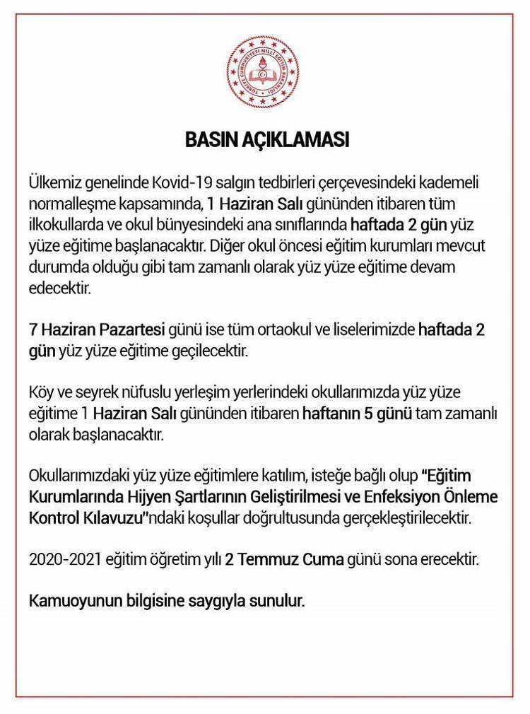 Anaokul, İlkokul, Ortaokul ve Liselerde Tekrar Yüz Yüze Eğitime Geçiliyor