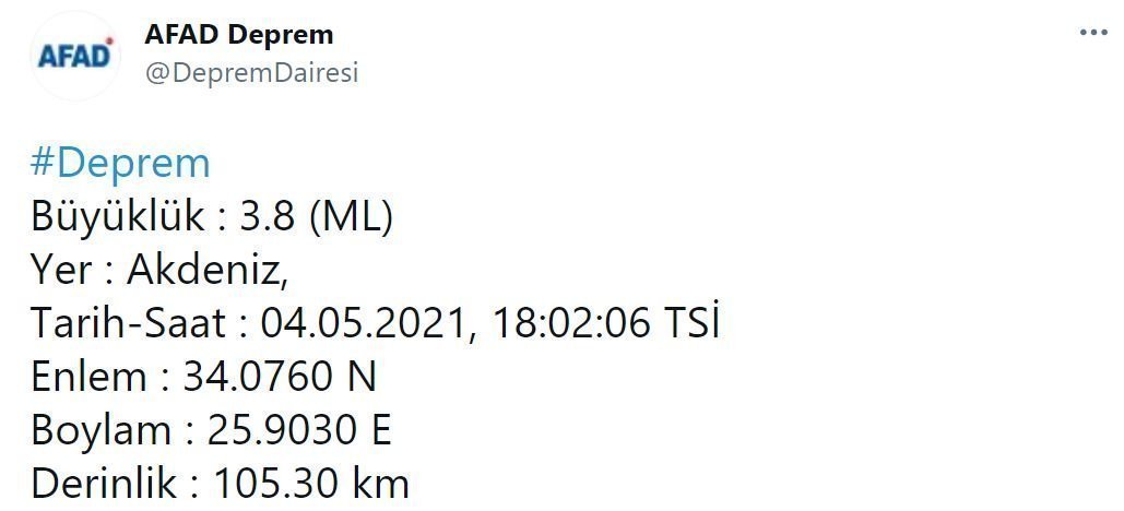 Son dakika | AFAD açıkladı! Akdeniz'de 3.8 şiddetinde deprem