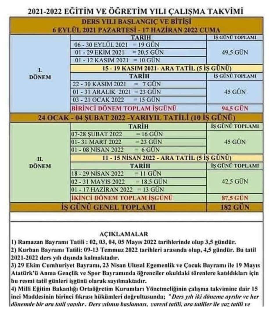 2021 2022 Eğitim Öğretim Yılı Çalışma Takvimi
