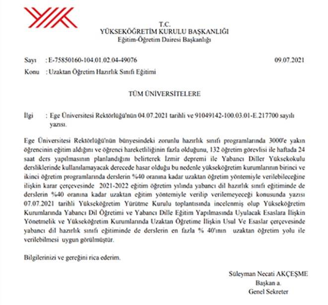 Hazırlık Eğitiminin Uzaktan Yapılmasına İlişkin Karar - 2021