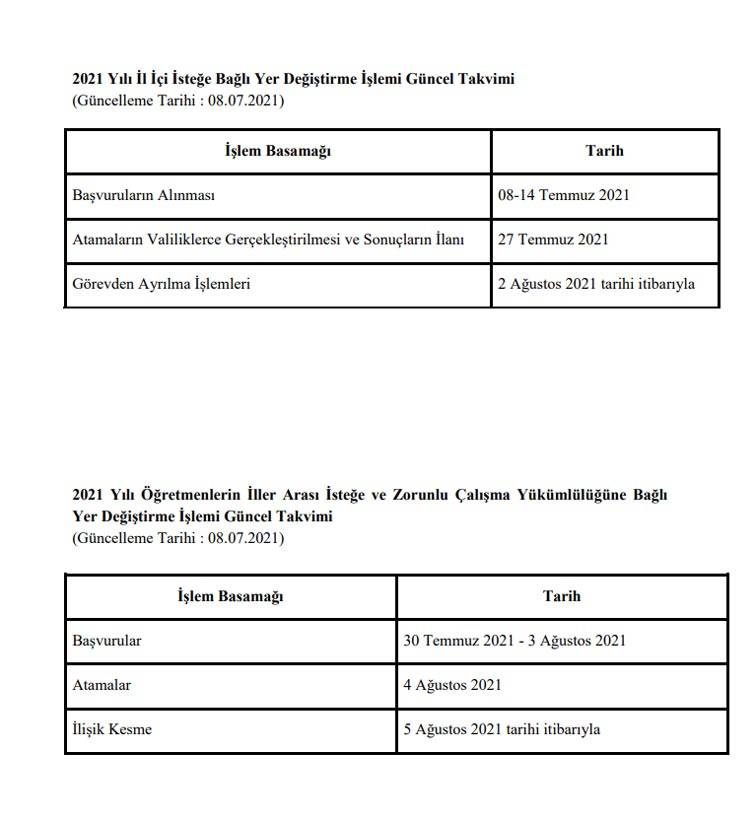 İl İçi ve İl Dışı Tayin Başvuru Takviminde Değişiklik Yapıldı - 2021