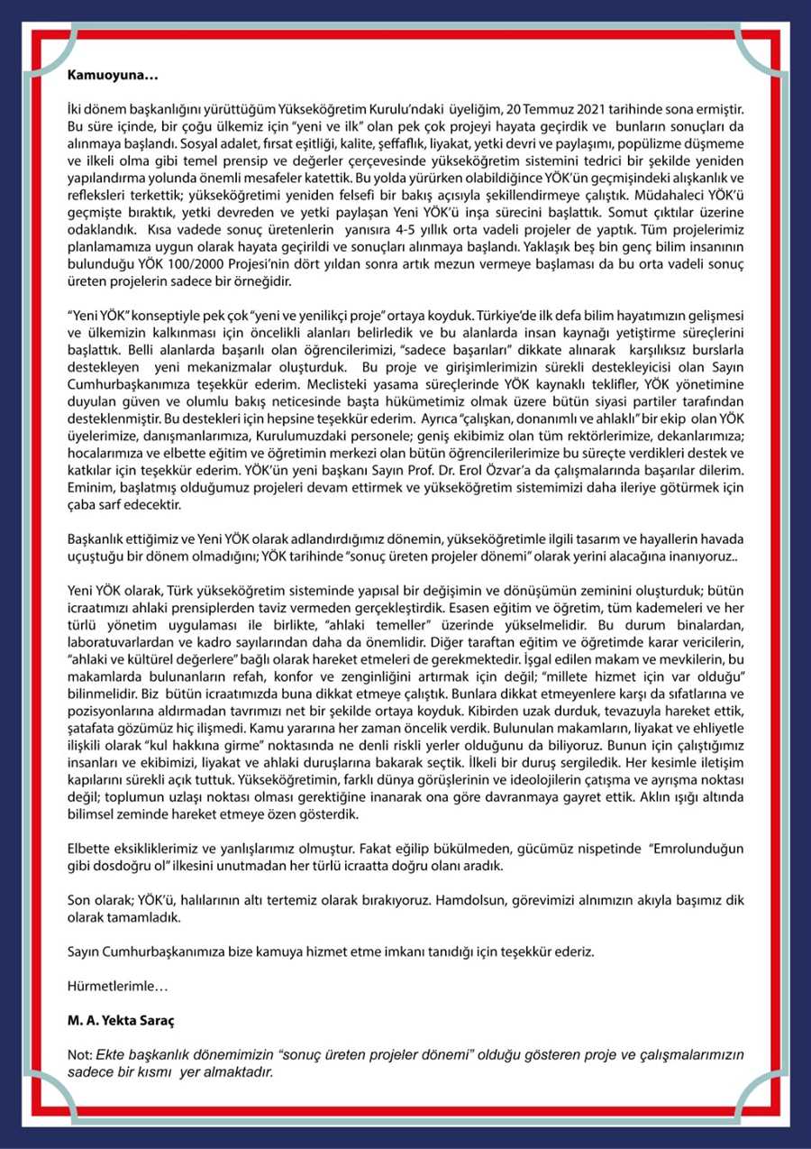 Prof. Dr. Yekta Saraçın Veda Mesajı