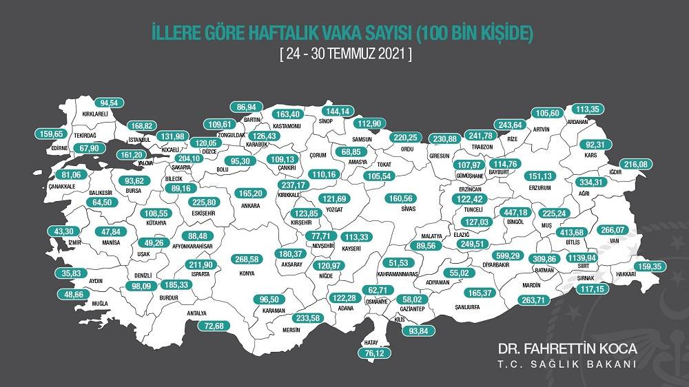 İllere Göre Haftalık Vaka Sayısı Bakan Koca Tarafından Açıklandı 24-30.7.2021